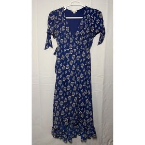 Mi Ami Wrap Dress Large Blue Floral Ruffle High Low Tie Sleeve DA6797F